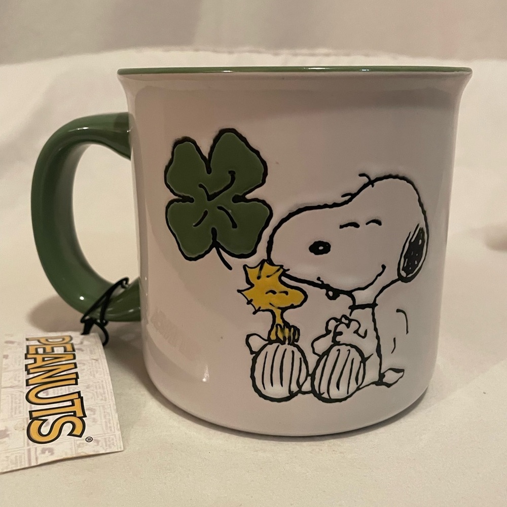 Peanuts Snoopy & Woodstock White and Green Ceramic Mug with Clover